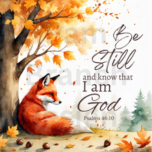 Rice Paper for Decoupage, Fox Resting Below a Tree in Fall with Bible Verse,  "Be still and know that I am God...." D191