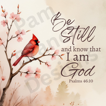 Rice Paper for Decoupage, Cardinal in a Tree with Pink Blossoms with Bible Verse,  "Be still and know that I am God...." D192