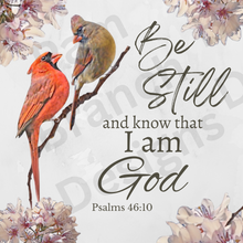 Rice Paper for Decoupage, Cardinal Pair on a branch with Pink Blossoms with Bible Verse,  "Be still and know that I am God...." D194