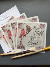 Rice Paper for Decoupage, Cardinal Pair on a branch with Pink Blossoms with Bible Verse,  "Be still and know that I am God...." D194