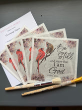 Rice Paper for Decoupage, Cardinal Pair on a branch with Pink Blossoms with Bible Verse,  "Be still and know that I am God...." D194