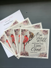Rice Paper for Decoupage, Cardinal Pair on a branch with Pink Blossoms with Bible Verse,  "Be still and know that I am God...." D194