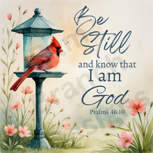 Rice Paper for Decoupage, Cardinal on a bird feeder with Bible Verse,  "Be still and know that I am God...." D195