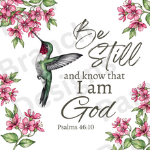 Rice Paper for Decoupage, hummingbird in flight with Pink Blossoms with Bible Verse,  "Be still and know that I am God...." D197