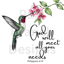 Decoupage rice paper - Philippians 4:19 with hummingbird and flowers - Craft Diy Paper D206