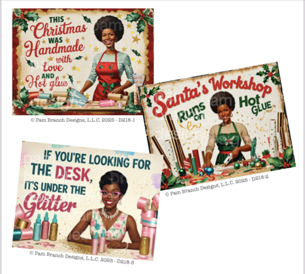 Funny Christmas Rice Papers Decoupage Bundle with Black Woman Crafter- Santa's Workshop, Glitter, Hot Glue D218