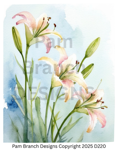 Pink Lilies on Blue Watercolor - Rice Paper for Decoupage - Art and Craft Supply D220