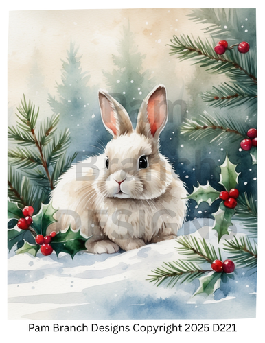 Rice paper for decoupage, rabbit and snow near pines, Christmas craft supply, D221