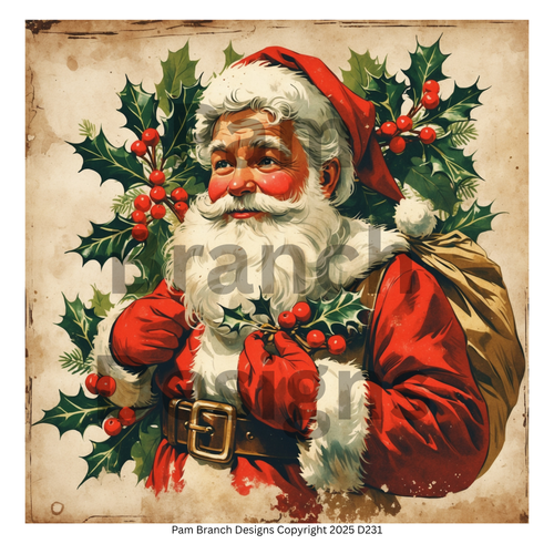 Decoupage Rice Paper - Classic Santa with Holly and Sack - Holiday Arts and Crafts Supplies Sheet D231