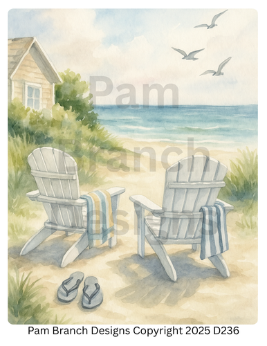 Decoupage Rice Paper – Adirondack Chairs by the Sea with Towels and Flip-Flops – 8x10 Design D236