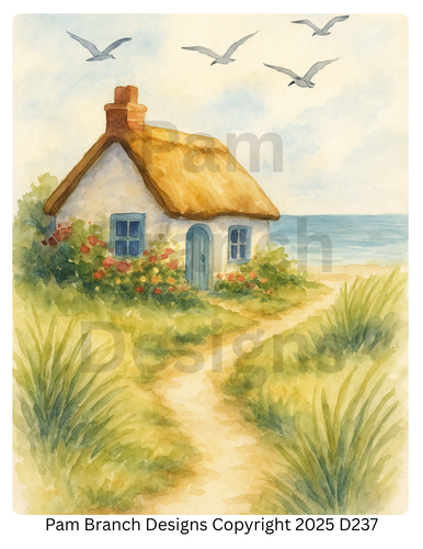 Decoupage Rice Paper – Seaside Cottage with Path and Ocean View – 8x10 Design D237