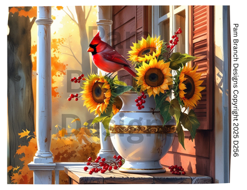 Rice Paper for Decoupage - Cardinal and Sunflowers on Autumn Porch - Arts and Craft Supply for DIY D256