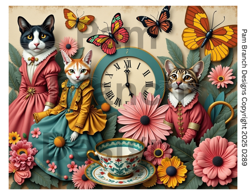 Rice Paper for Decoupage - Tea Time Cats with Clock and Butterflies - Whimsical DIY D289