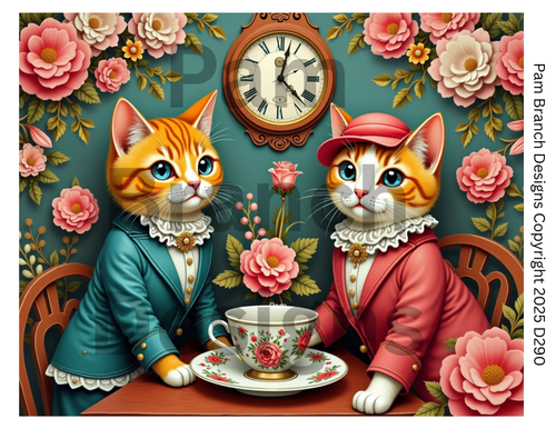 Rice Paper for Decoupage - Cat Tea Party with Rose Wallpaper - D290