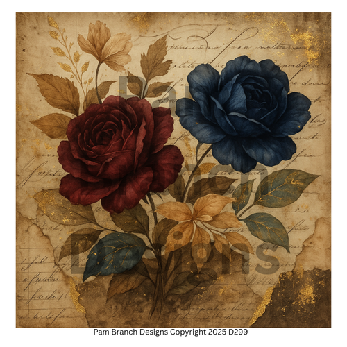 Rice paper for decoupage featuring burgundy and navy roses, art supply for DIY craft projects D299