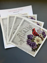Rice Paper for Decoupage, Purple Flowers and Cardinal with Bible Verse,  "This is the day which the Lord...." D147