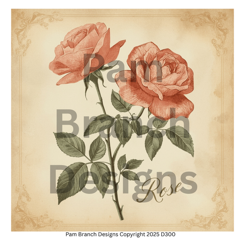 Rice paper for decoupage with classic coral rose illustration, art supply for DIY craft projects D300