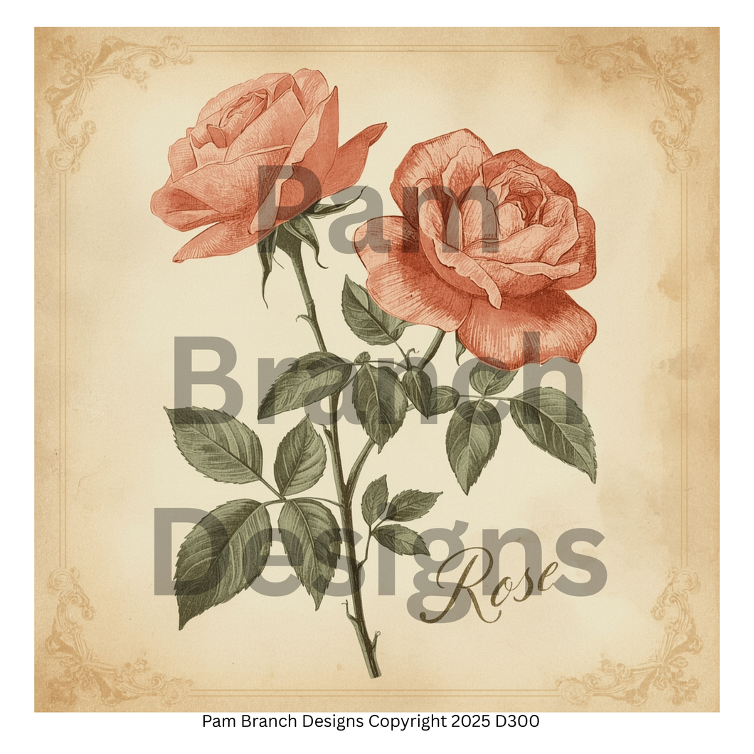 Rice paper for decoupage with classic coral rose illustration, art supply for DIY craft projects D300