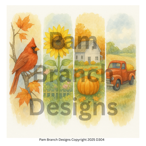Rice paper for decoupage with fall country design featuring cardinal, sunflower, pumpkin, and truck, brushstroke design D304