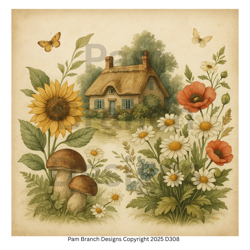 Rice paper for decoupage with cottage garden and wildflowers, art supply for DIY craft projects D308