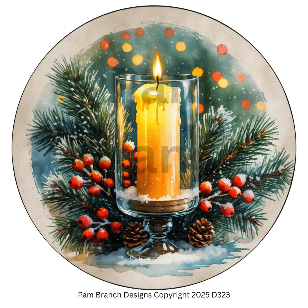 Rice Paper for Decoupage - Christmas Candle with Holly and Pine Craft Supply for Ornament DIY D323
