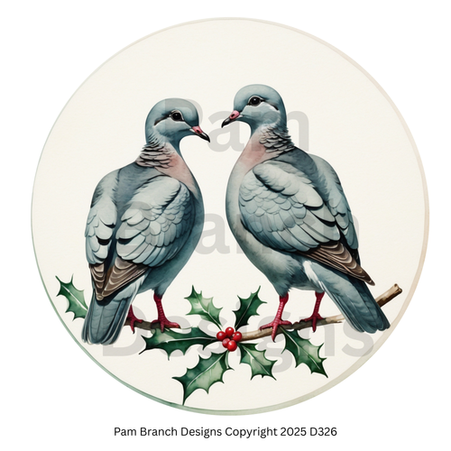 Ornament Rice Paper – Two Turtle Doves with Holly – Christmas Arts and Crafts Supply – D326