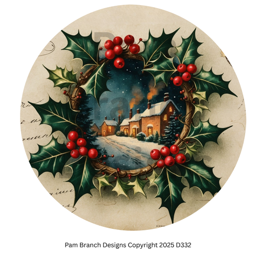 Ornament Rice Paper – Holly Wreath with Cottage – Christmas Arts and Crafts Supply – D332