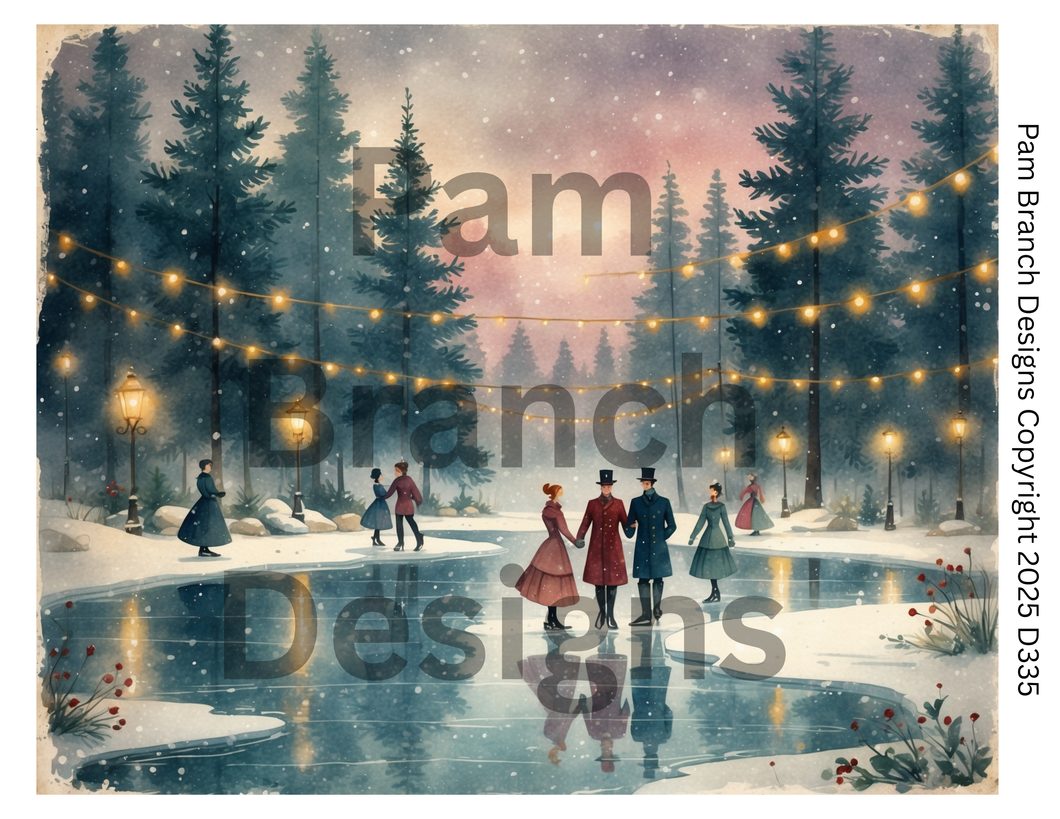 Rice paper for decoupage – Christmas craft supply – Victorian Ice Skating Under String Lights in Winter Forest D335
