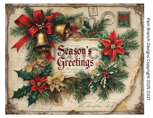 Rice paper for decoupage – Christmas craft supply – “Season’s Greetings” Vintage Holiday Postcard with Bells & Poinsettias D337