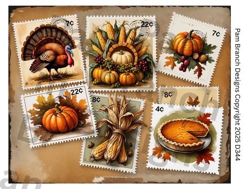 Rice Paper for Decoupage, Vintage Thanksgiving Stamp Collage, Art Supply for DIY D344