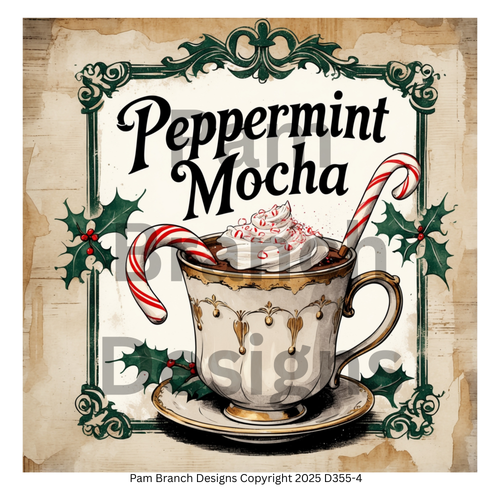 Decoupage Rice Paper – Antique Christmas Holiday Drink Sign, Peppermint Mocha, Arts and Craft Supply, D355-4