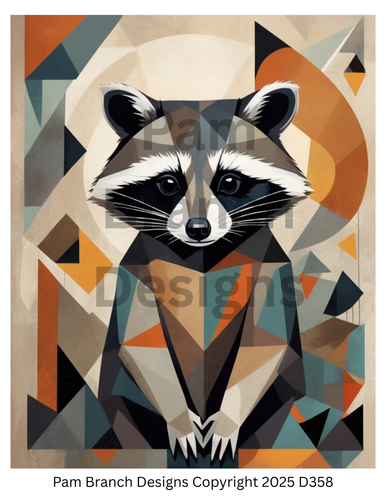 Geometric illustration of a raccoon with abstract shapes in the background, featuring the artist's name and copyright information.