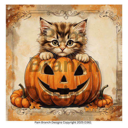 Rice Paper for Decoupage — A fluffy kitten peeking out of a carved pumpkin surrounded by mini pumpkins and leaves — Fall Craft Supply D361