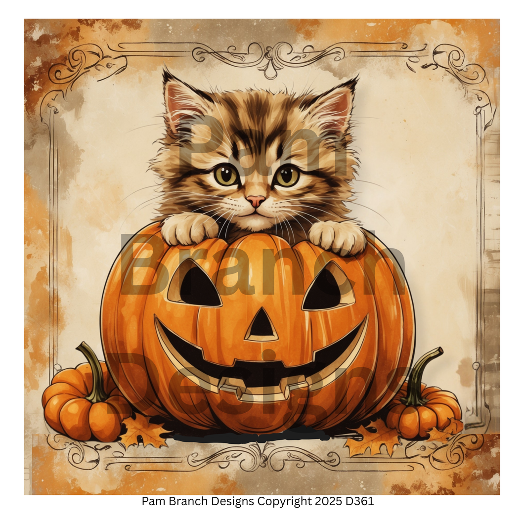 Rice Paper for Decoupage — A fluffy kitten peeking out of a carved pumpkin surrounded by mini pumpkins and leaves — Fall Craft Supply D361