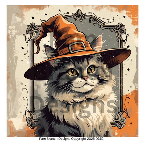 Rice Paper for Decoupage — A grey tabby cat wearing an orange witch hat in a decorative frame — Fall Craft Supply D362