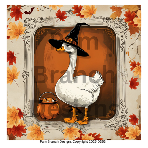 Rice Paper for Decoupage — A white goose in a witch hat with a candy bucket and maple leaves — Fall Craft Supply D363