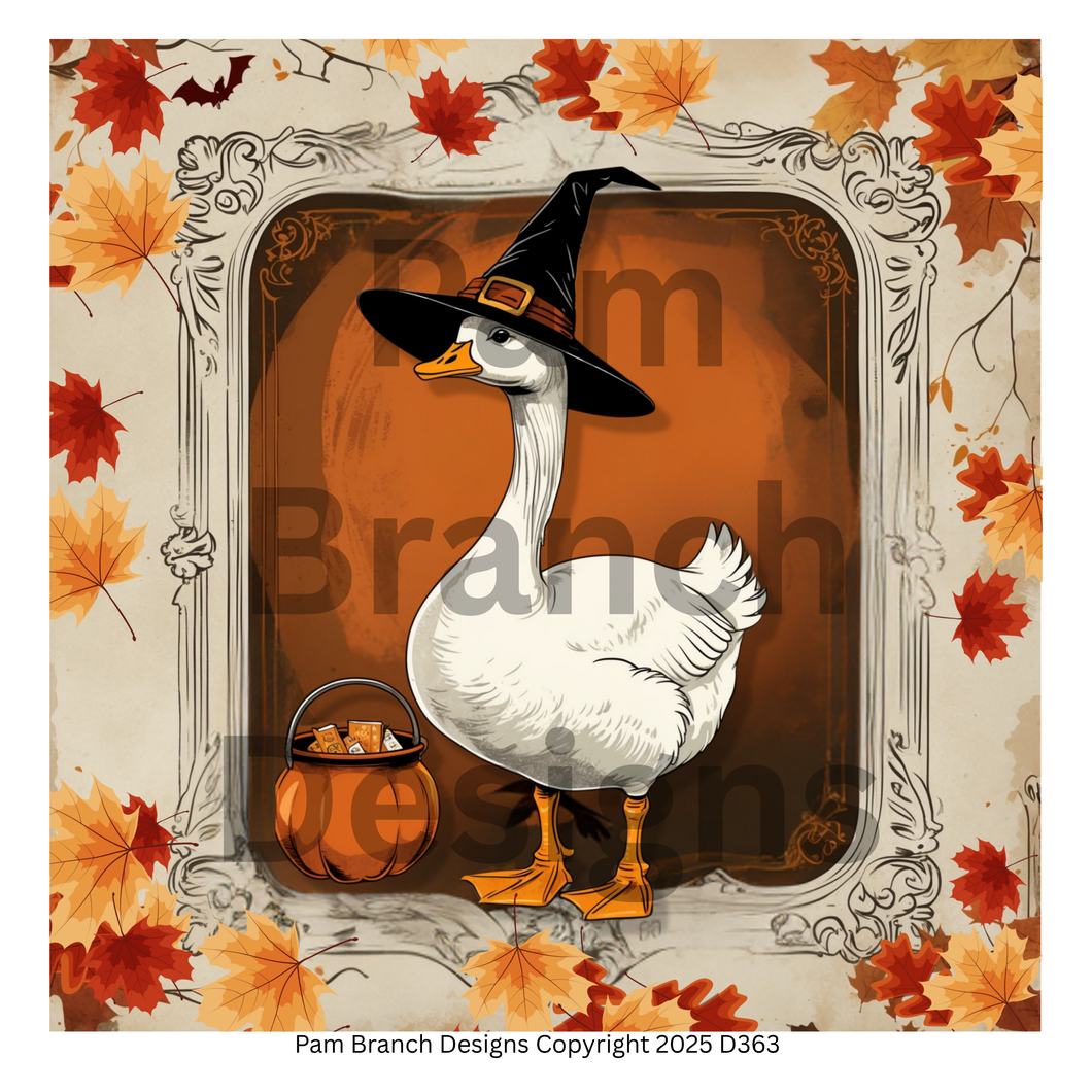 Rice Paper for Decoupage — A white goose in a witch hat with a candy bucket and maple leaves — Fall Craft Supply D363