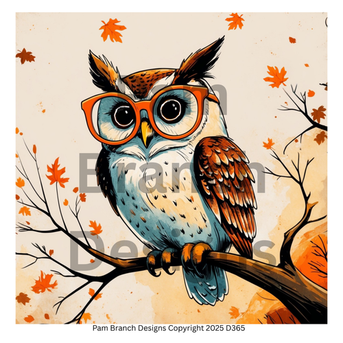 Rice Paper for Decoupage — A wise owl with orange glasses perched on a branch with falling autumn leaves — Fall Craft Supply D365