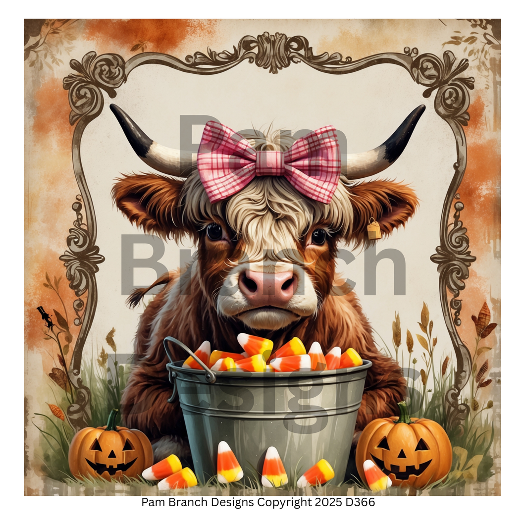 Rice Paper for Decoupage — A cute highland cow with a pink bow, a pail of candy corn, and pumpkins in a rustic frame — Fall Craft Supply D366