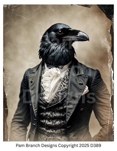 Decoupage Rice Paper, Vintage Victorian Raven Portrait in Suit, fall craft supply D389