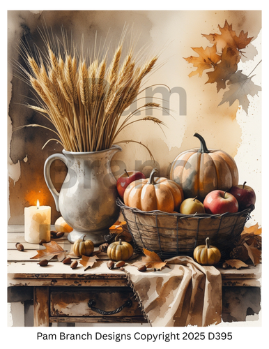 Decoupage Rice Paper, Farmhouse Autumn Still Life with Wheat, Pumpkins & Apples, fall craft supply D395