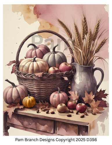 Decoupage Rice Paper, Autumn Farmhouse Still Life with Basket of Pumpkins & Apples, fall craft supply D398
