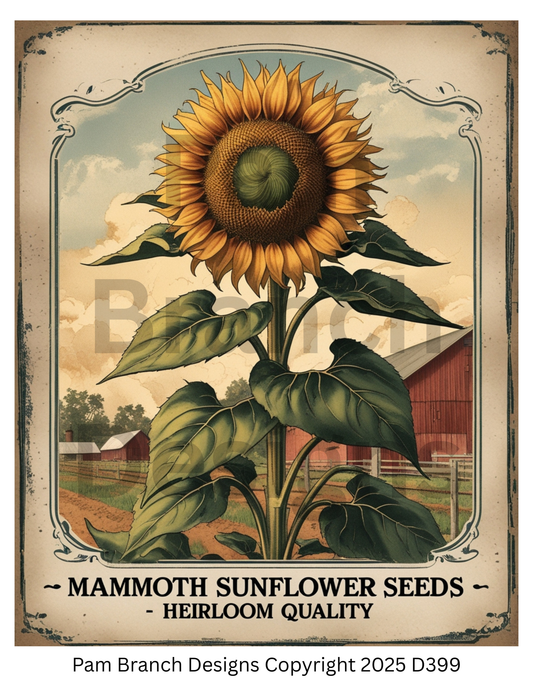 Decoupage Rice Paper, Autumn Mammoth Sunflower Seeds Vintage Farm Label, fall craft supply D399