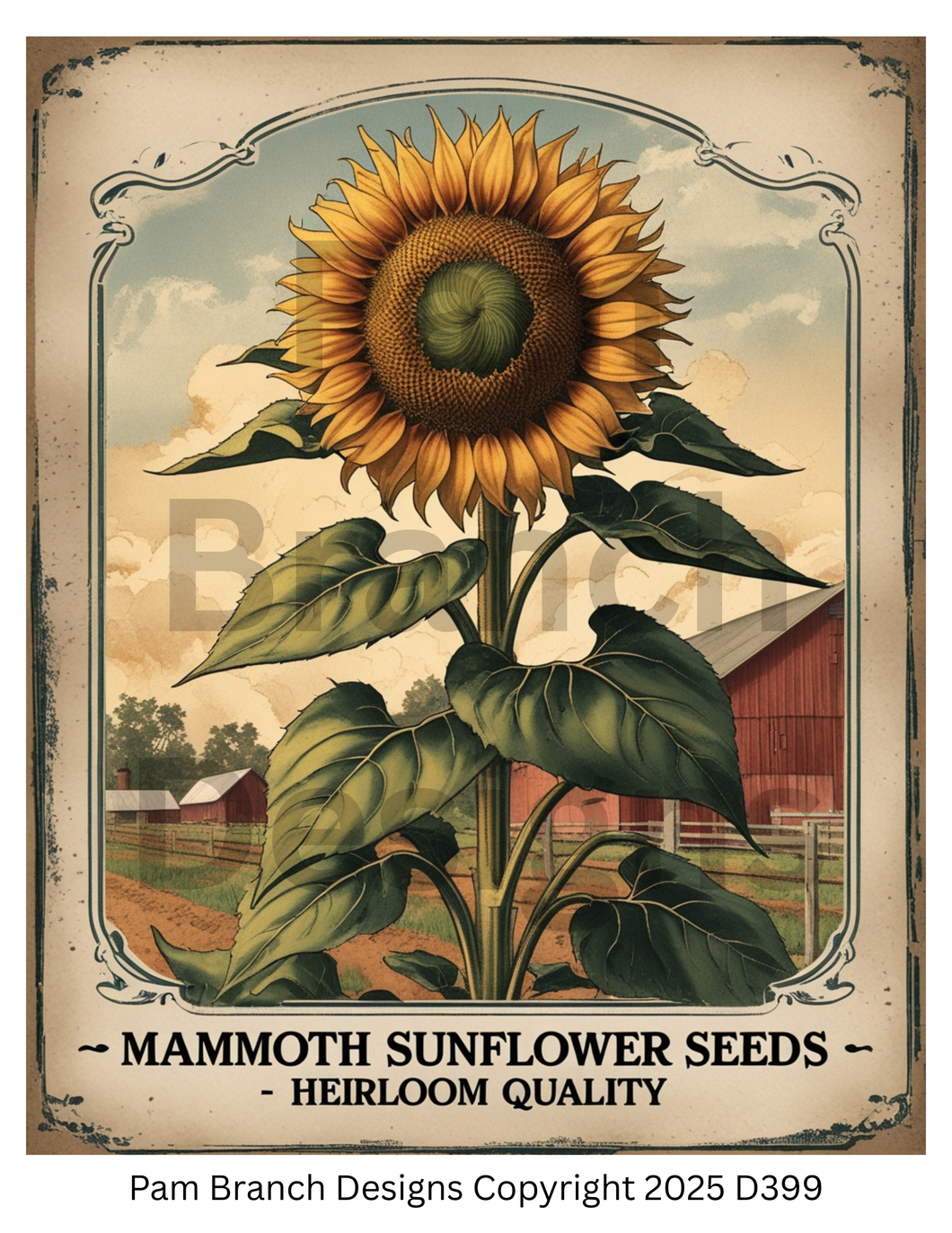Decoupage Rice Paper, Autumn Mammoth Sunflower Seeds Vintage Farm Label, fall craft supply D399