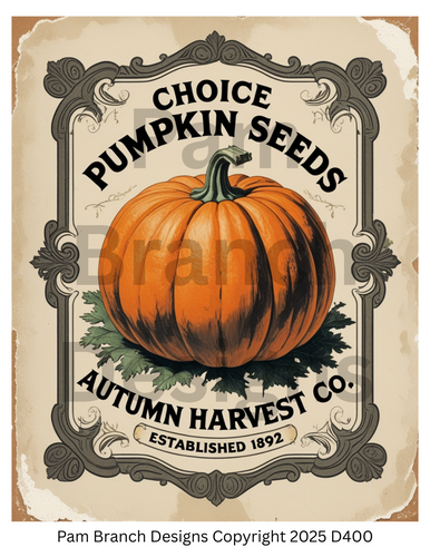 Decoupage Rice Paper, Autumn Pumpkin Seeds Vintage Farm Label, fall craft supply D400