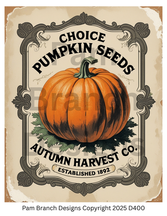 Decoupage Rice Paper, Autumn Pumpkin Seeds Vintage Farm Label, fall craft supply D400