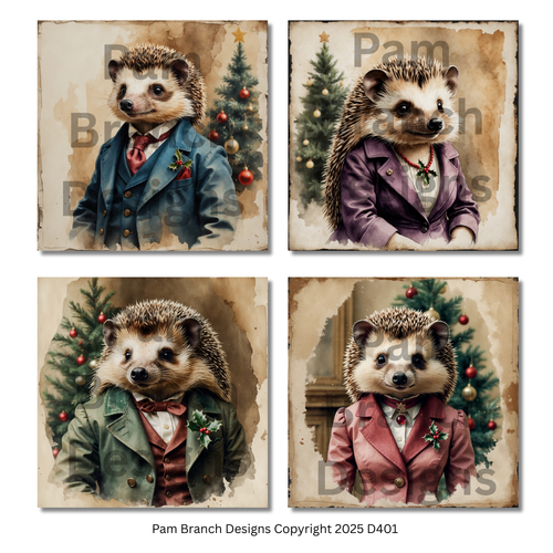 Decoupage Rice Paper Variety Pack – Victorian Christmas Hedgehog Set of 4 Designs, Arts and Craft Supply, D401