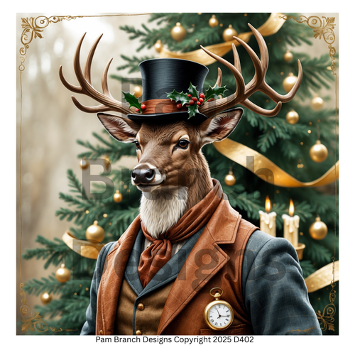Rice Paper for Decoupage, Victorian Reindeer Gentleman in Top Hat — Christmas Holiday — Arts and Craft Supply D402