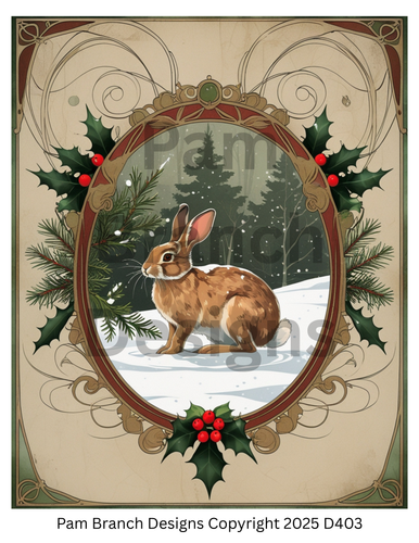 Rice Paper for Decoupage, Christmas Art Nouveau Rabbit in Holly Frame — Peaceful Winter Woodland — 8x10 — D403