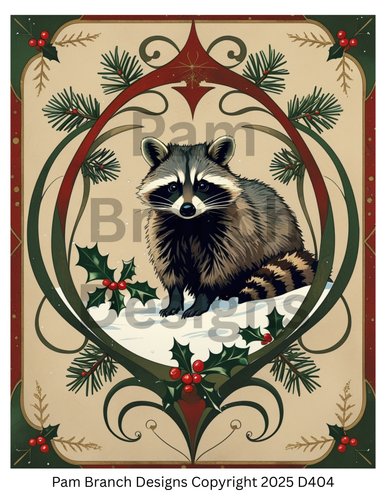 Rice Paper for Decoupage, Art Nouveau Raccoon with Holly & Pine — Festive Woodland Winter — 8x10 — D404